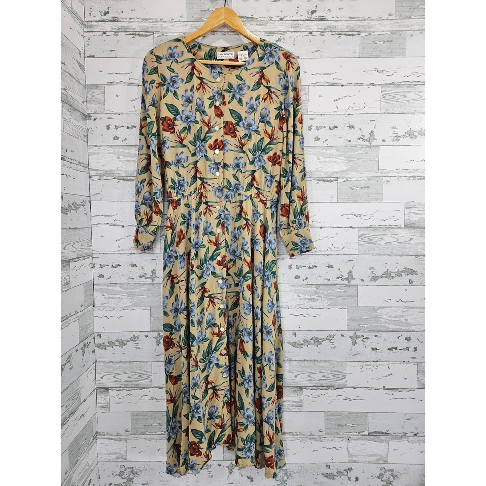 Liz Claiborne Vintage Floral Midi Dress Tan Blue Bird of Paradise Rayon Size 12